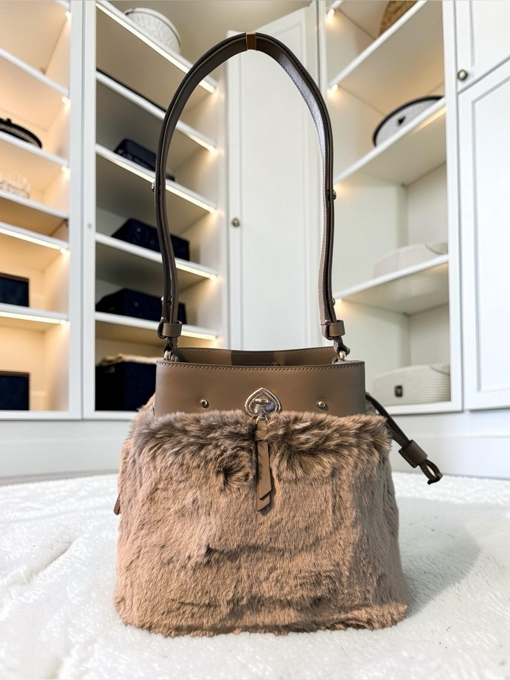 Kate Spade Faux Fur Bucket Bag in Taupe Brown - Designer Style